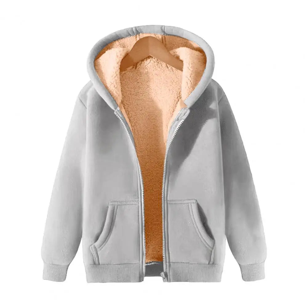 2024 Trendy Sweatshirt Coat Front Pockets Warm Zipper Lamb Wool Jacket Men Women Winter Pure Color Plush Lined Cardigan Hoodie