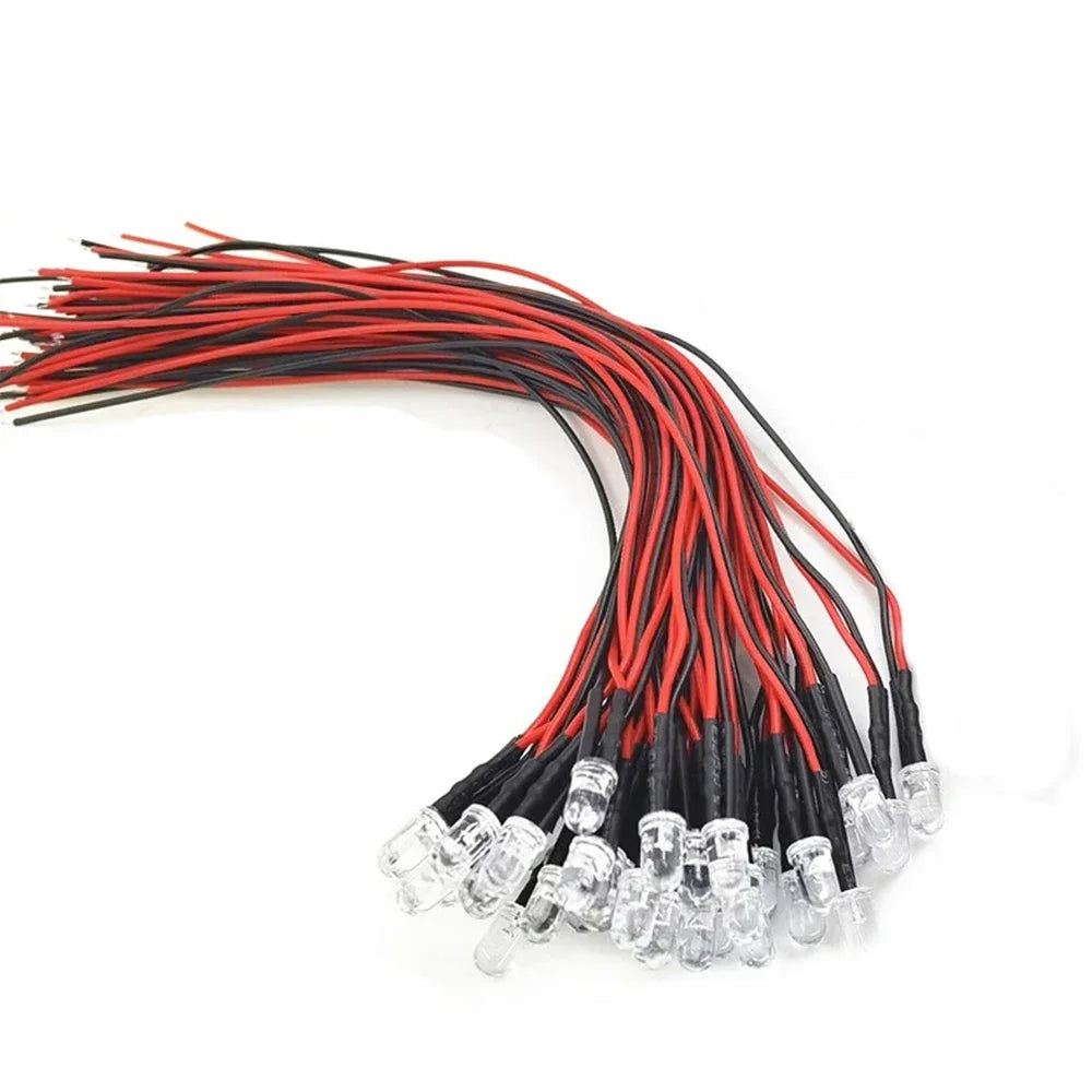Lote de 20, 50 y 100 bombillas LED de 20 cm precableadas de 3 mm y 5 mm, diodos emisores precableados para decoración del hogar (DC12V)