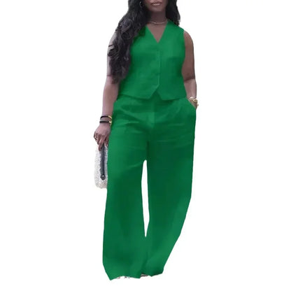 CM.YAYA Street Women's Set Sleeveless Button Fly Vest Shirt and Wide Leg Pants Elegant 2024 Fall Fashion Two 2-Piece Set Outfits