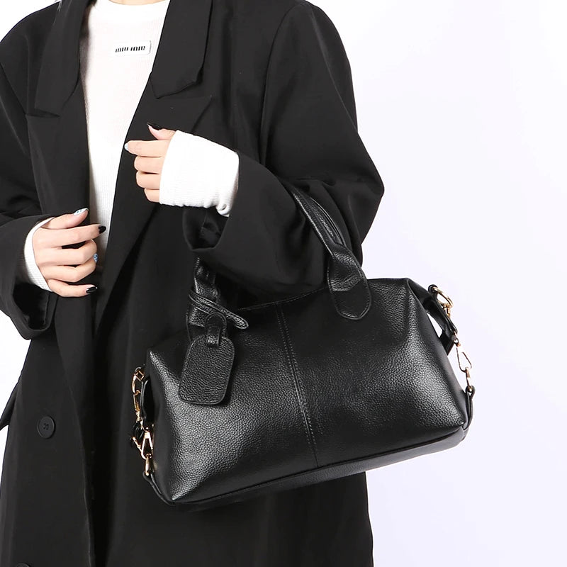 Genuine Brand Soft Leather Shoulder Bag For Women Casual Tote Bag Female Solid Color Purse Simple Design Handbag Commuting Sac
