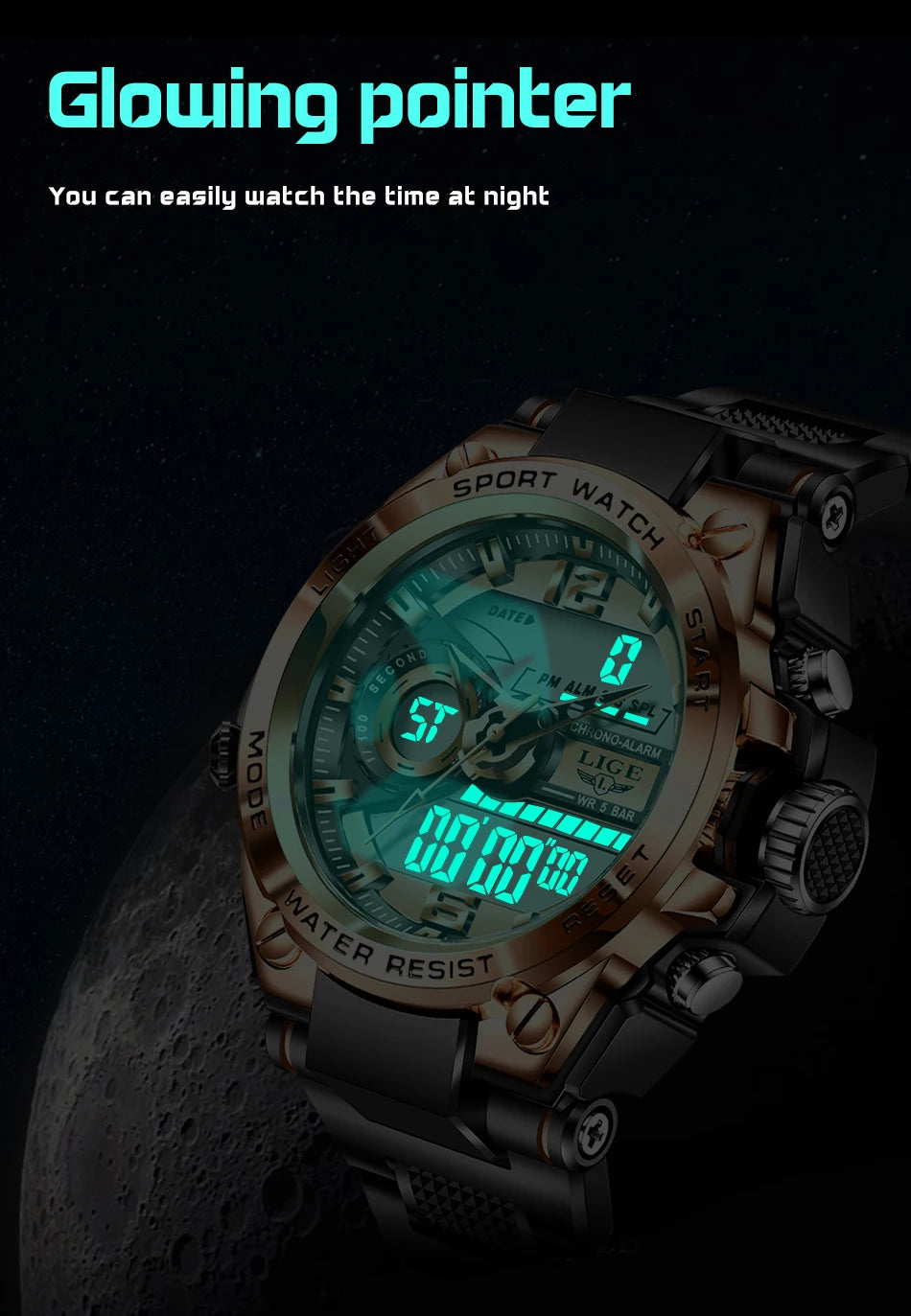 Reloj militar LIGE para hombre, digital, resistente al agua hasta 50 m, LED, de cuarzo, deportivo, grande, Masculino
