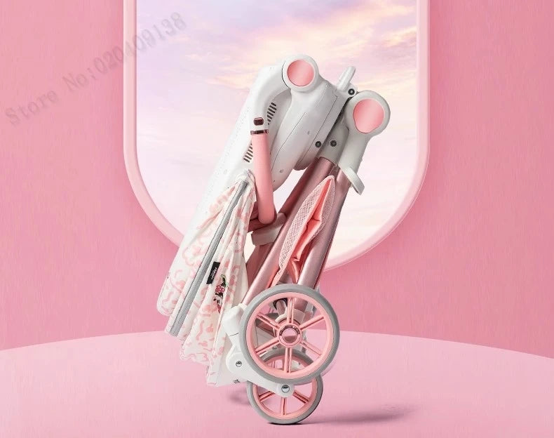 Pink Newborn Stroller can sit or lie down 0-6 years old Children Lightweight Folding Boardable Travel 360 ° Steering Stroller