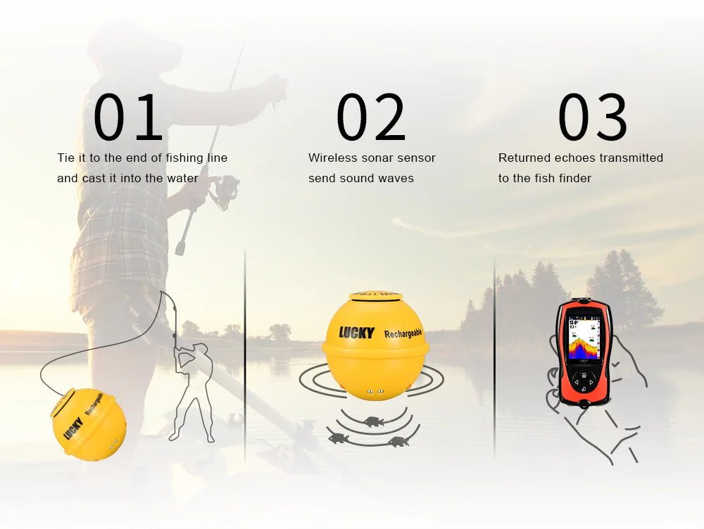 Lucky Sonar Fish Finder FF1108-1CWLA Rechargeable Wireless Sensor 45M Water Depth Echo Sounder Fishing Portable Fish Finder