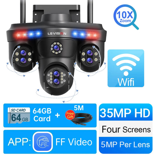 LS VISION 10X Optical Zoom 4-Screens WiFi IP Camera 35MP Outdoor WiFi Security PTZ Camera Auto Tracking Home Surveillance Cameras