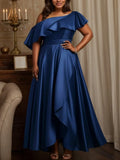 Mulheres elegantes plus size vestido de noite cetim plissado um ombro vintage casual festa cocktail vestido longo manga curta vestido azul