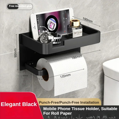 Black Gold Toilet Paper Holder Bathroom Wall Mount Multifunction WC Paper Phone Holder Shelf Towel Roll Shelf Accessories