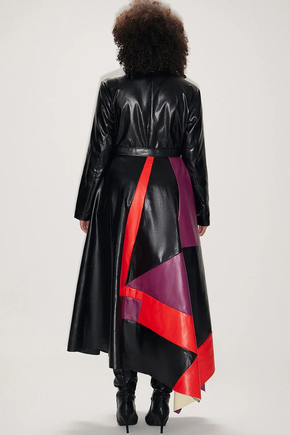 Faux Leather Jacket for Women Plus Size Trench Coat Black Contrast PU Leather Long Windbreaker Trench Coat Winter Outdoor Coat
