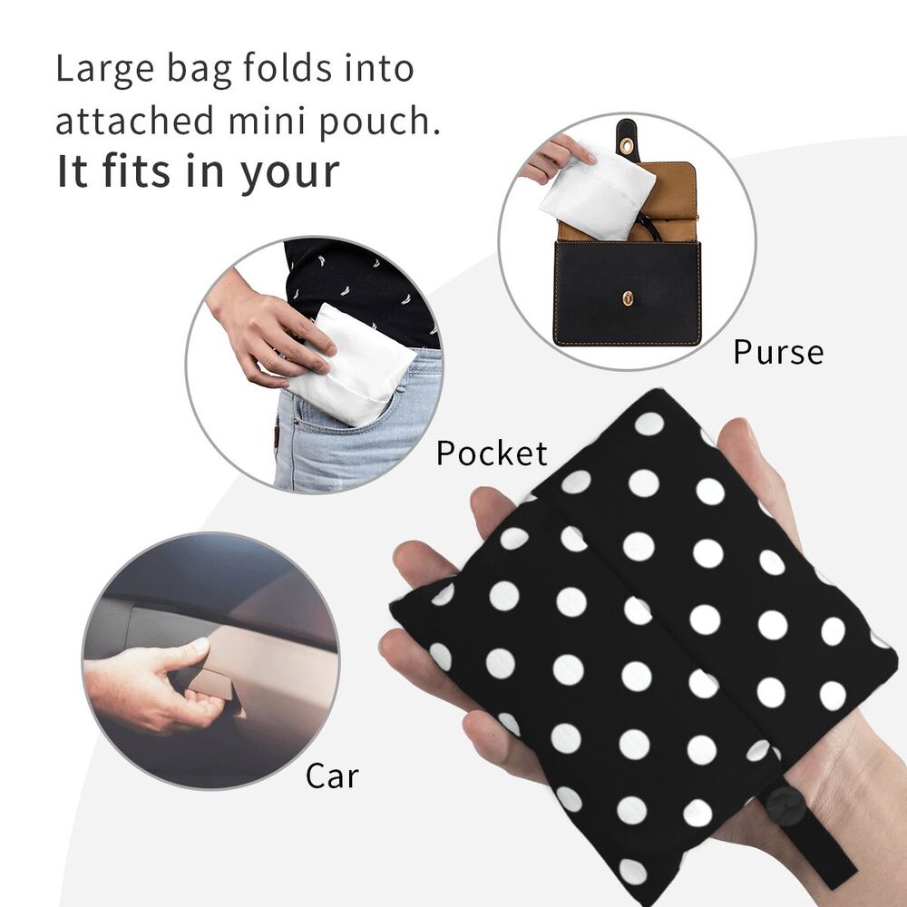 Custom Recycling Classic Black And White Polka Dot Shopping Bag Women Tote Bag Portable Grocery Shopper Bags