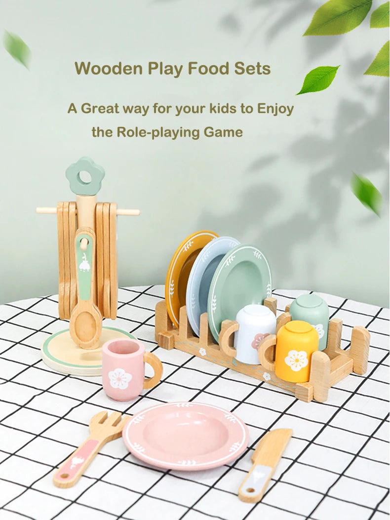 Juego de cocina de madera Montessori con platos y accesorios, ideal como regalo para niños pequeños a partir de 3 años.