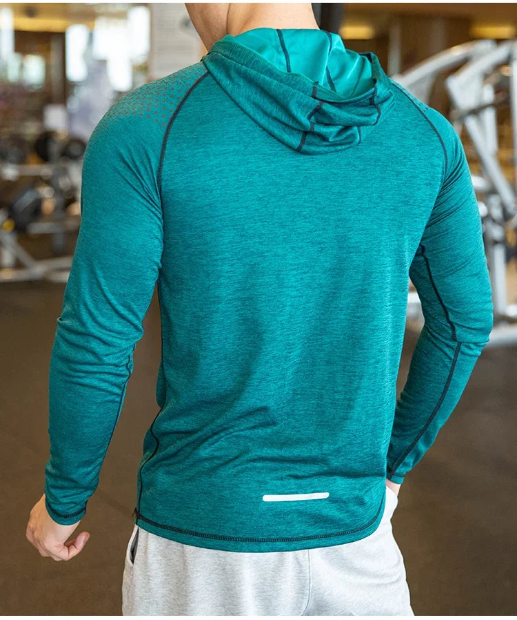 Autumn Gym Men T Shirt Casual Long Sleeve Slim Tops Tees elastic T-shirt Sports Fitness breathable Quick dry Hooded T Shirt