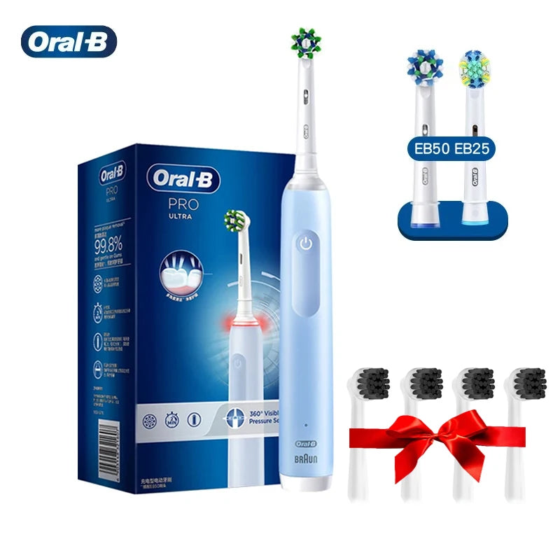 Cepillo de dientes eléctrico Oral B Pro 4 Ultra con rotación 3D, recargable, sensor de presión, 4 modos de cepillado y temporizador de 2 minutos.