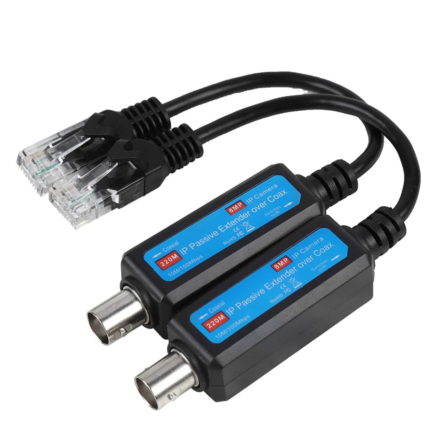 1 par de extensores de transmisor y receptor coaxial de red IP pasiva de 1 canal y 10/100 Mbps para cámaras NVR IP.