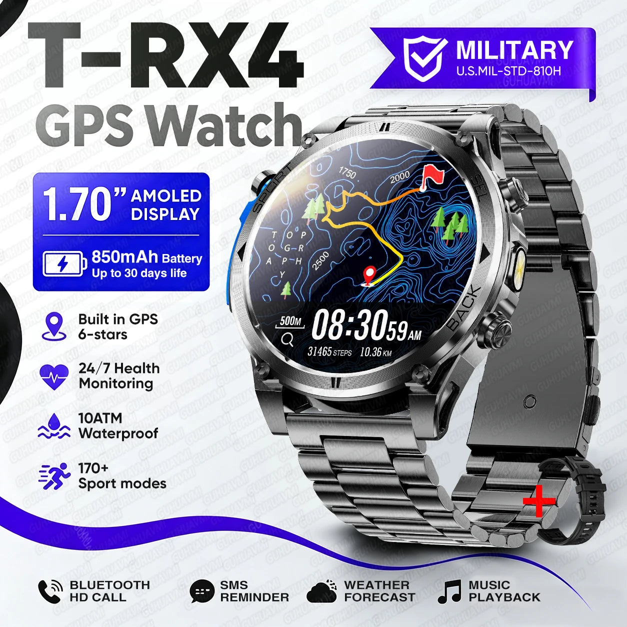 Novo Smartwatch Masculino T-RX4 Ultra GPS 2026 – Posicionamento GPS de 6 satélites, resistência à água 10ATM, bateria de 850mAh, bússola e mais de 170 modos esportivos.