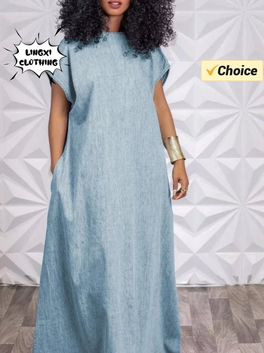 Vestido jeans vintage de grandes dimensões feminino, saia longa solta, manga morcego, decote em v, costas abertas, elegante, saia longa, tamanho grande, 2024