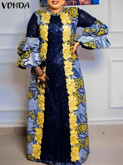 Plus Size VONDA Bohemian Women Flared Long Sleeve Maxi Dress Casual Vestidos Round Neck Loose Print Sundress Ruffles Long Robes