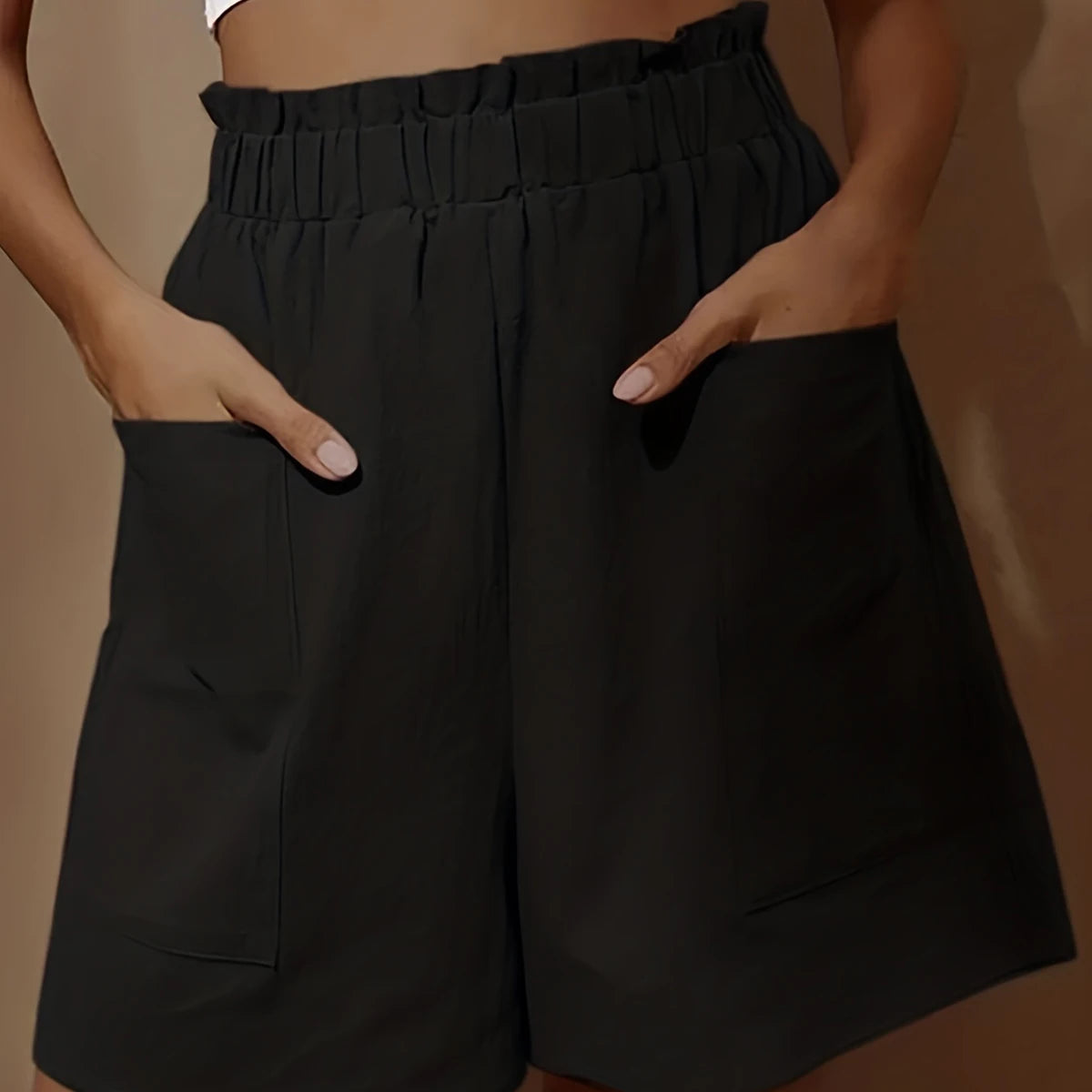 Plus Size Solid PaperBag Waist Pocket Shorts Casual Loose Pants For Spring & Summer Women's Plus Size Clothing