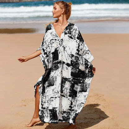 Vestidos caftán de talla grande para mujer, vestido caftán con cuello ondulado, vestido playero largo extragrande. 