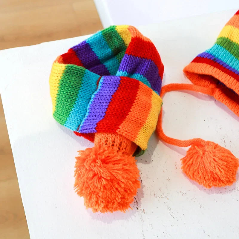 Dog Winter Wear 1 Set(hat+scarf+leg Warmers) Rainbow Stripe Knitted Dog Scarf Winter Warm Hat Footwear Sloves Pet Clothes