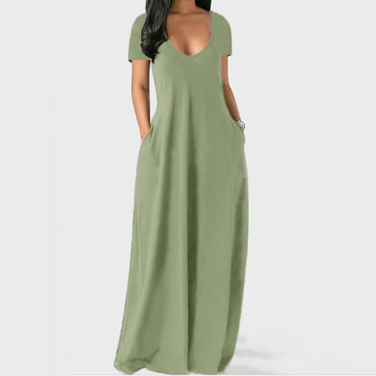 AliExpress Europa e nos Estados Unidos verão transfronteiriço novo plus size vestido de cor sólida sexy profundo V manga curta saia longa