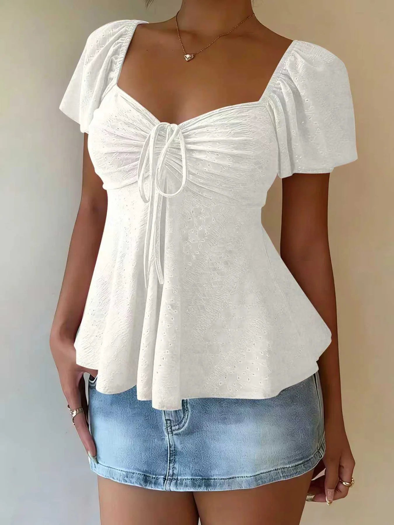 2026 Women Y2k Summer Tops V-Neck Drawstring Sexy Lace Up Short Sleeve Solid Color Shirts Female Elegant Casual Fashion Blouses