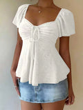 2026 Women Y2k Summer Tops V-Neck Drawstring Sexy Lace Up Short Sleeve Solid Color Shirts Female Elegant Casual Fashion Blouses