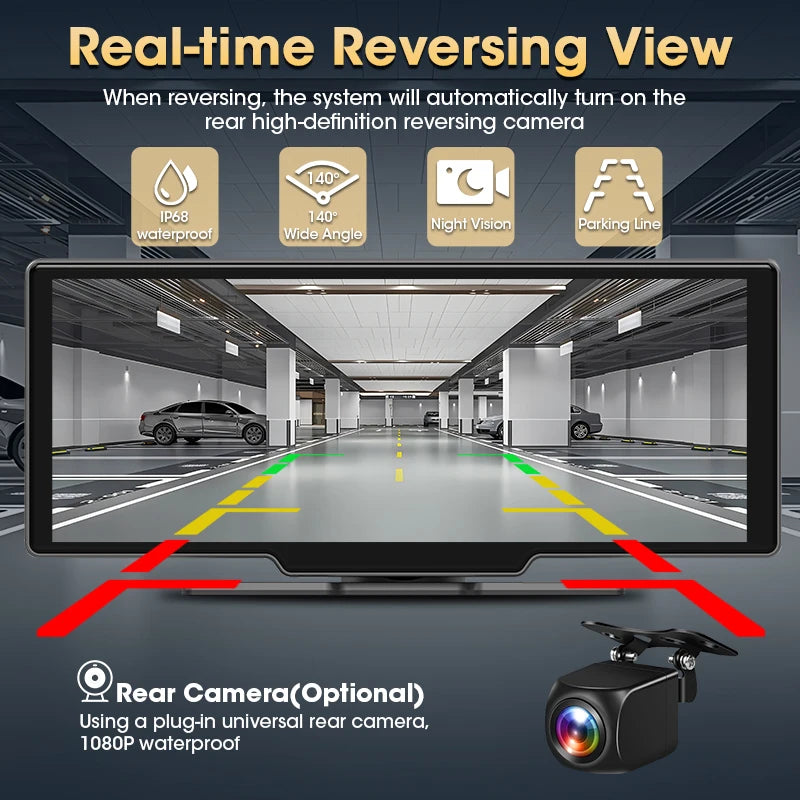 Srnubi 10.26" Dash Cam Rearview Wireless Carplay & Android Auto 4K DVR Navigation Player Dual Lens Recorder Dashboard WIFI 5.0BT