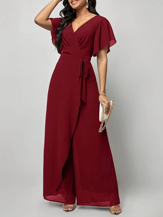 Women's New Solid V Neck Flutter Sleeve Tie Waist Split Wide Leg Jumpsuit Elegant Slimming Versatile Party Daily Casual Jumpsuit