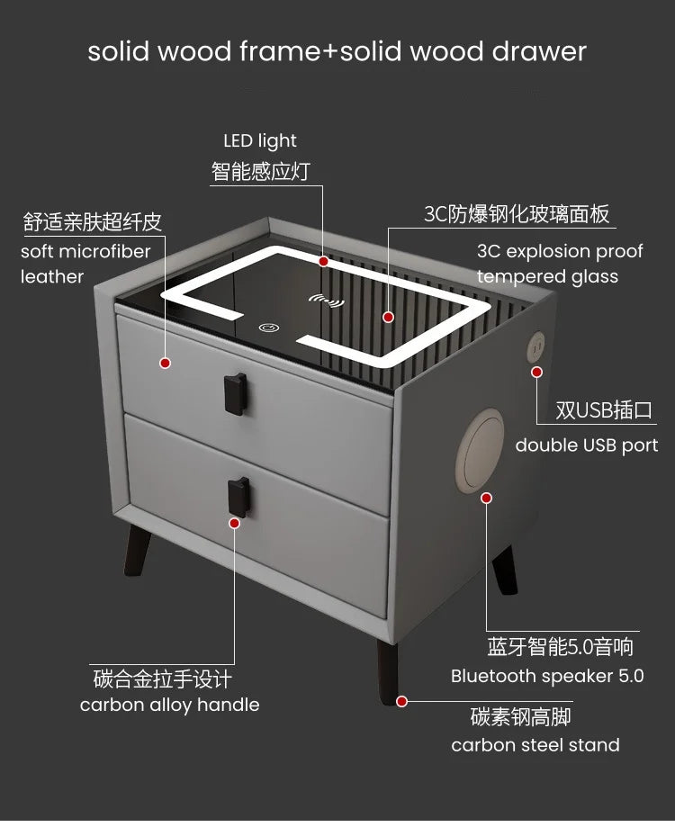 Nordic Style Smart Bedside Table with 2 Drawers 50cm Leather Nightstands with Wireless Charging Home Side Cabinet with USB