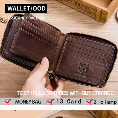 Bullcaptain Genuine Leather Men Short Wallet Casual Men's Coin Purse Vintage Male Zipper Card Holder Luxury Money Bags JYB022