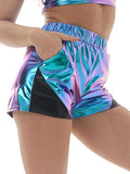 Women's Summer Patchwork Metallic Shorts Sparkly Rave Yoga Elastic Waist Hot Shorts Booty Outfits Casual Holographic Shorts