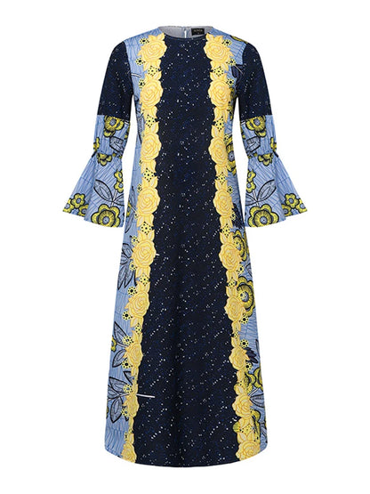 Plus Size VONDA Bohemian Women Flared Long Sleeve Maxi Dress Casual Vestidos Round Neck Loose Print Sundress Ruffles Long Robes