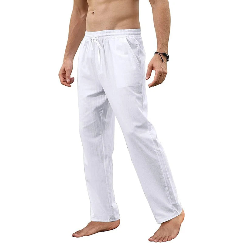Men's Cotton Linen Pants Loose Breathable Casual Solid Color Long Pants Large Size Streetwear Fitness Lightweight Yoga Trousers