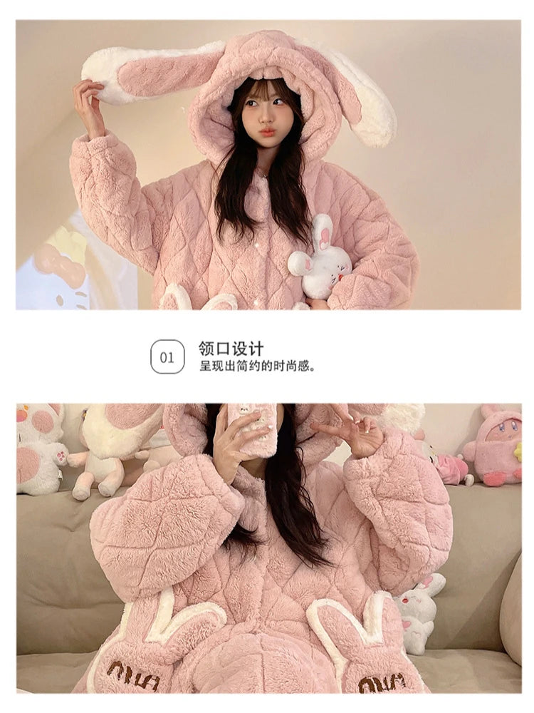 Plus Size Cartoon Coral Fleece Nightgown Pants Two Piece Sets for Women Winter Flannel Thicken Kawaii Bunny Hooded Pajamas Suit