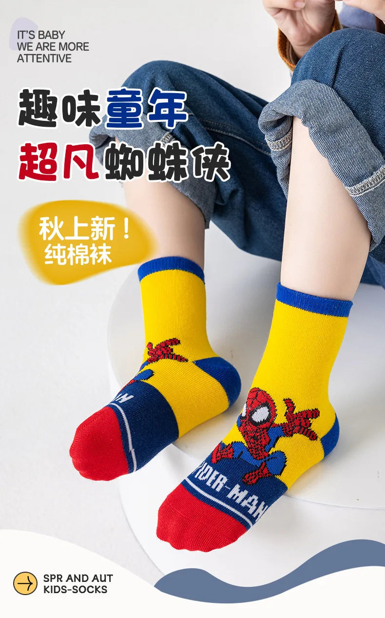 5 Pairs Marvel Kids Socks Spider-Man Kawaii New Fall Winter Cartoon Boy Children Mid-calf Socks Cotton Sock for Boys Gifts