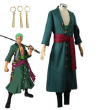 Anime Roronoa Zoro Cosplay Costume Uniform Green Coat Pants Head Scarf Roronoa Zoro Wig Earrings Halloween Carnival Men Clothes