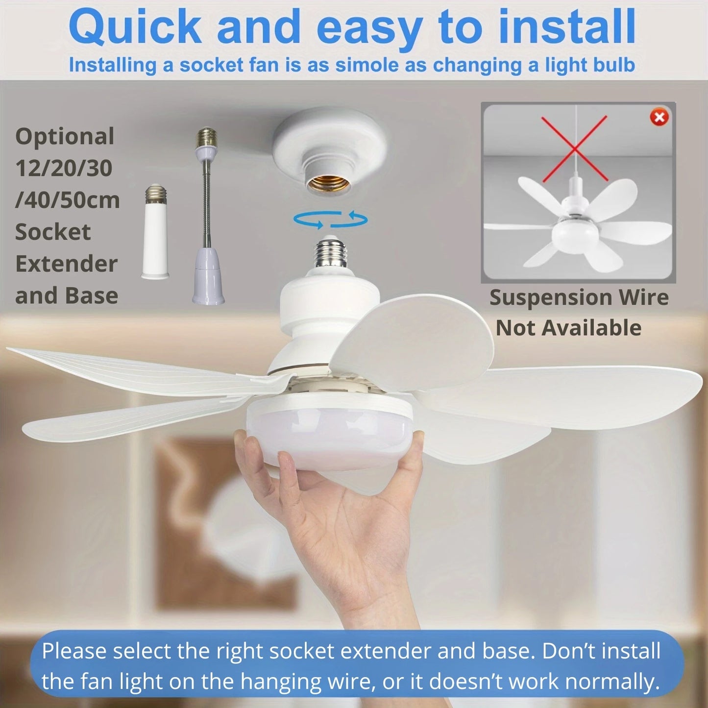 40W Socket Fan Light, 21.5" Screw Ceiling Fan with Light and Remote, E27 Socket Fan with LED for Bathroom, Bedroom, Kitchenfor