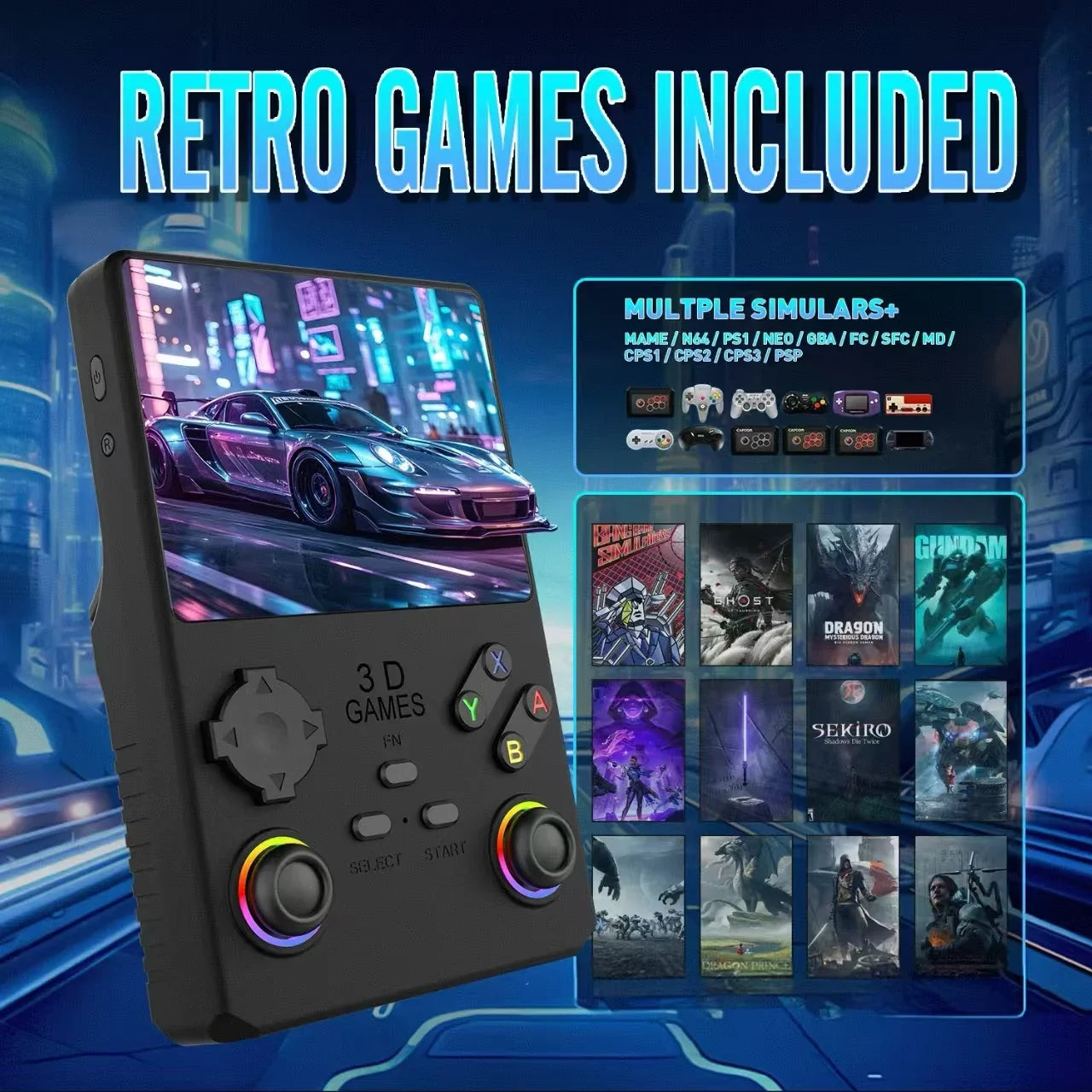 2025 V40MAX Handheld Game Console 4'' IPS Screen 4000mAh Battery Joystick RGB lighting Effect 256GB with more than 40000 games