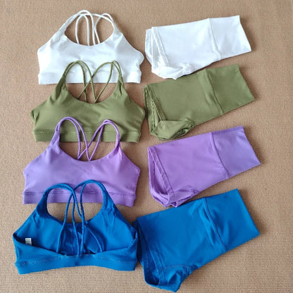 Women Gym Suit Yoga Clothes Shorts Leggings+ Bra 2-Piece Set Running Exercise Fitness Sportswear High Waist Cross Beautiful Back