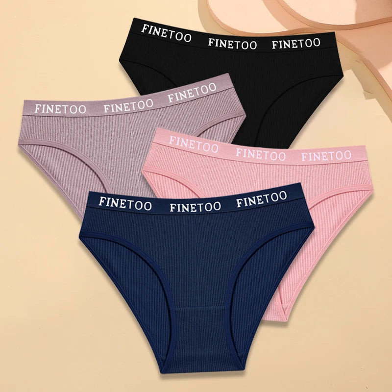 FINETOO - 4 piezas de ropa interior de algodón a rayas para mujer, bragas con cinturón y letras, lencería de cintura baja, bragas transpirables sólidas