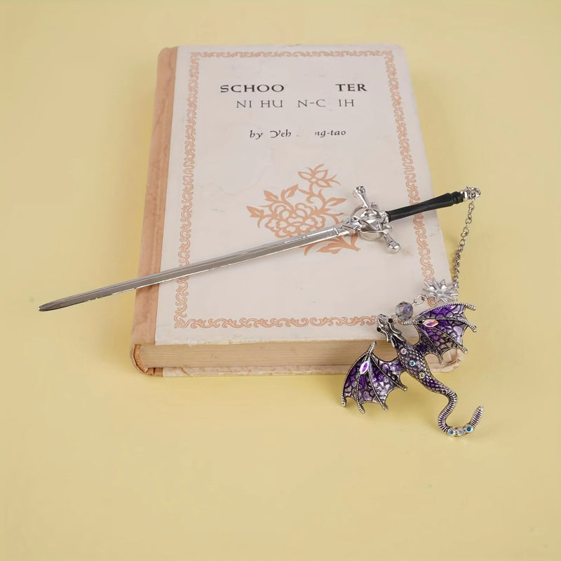 1pc Alloy Sword Dragon Bookmark, Birthday Gift for Book Lovers and Readers, Fantasy Bookworm Silver Gold Gold Pendant