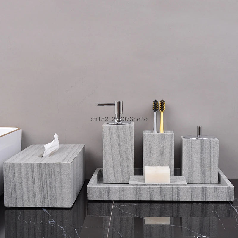 Nordic natural grey marble bathroom accessories Soap dispenser cotton swab jar tissue box soap dish tray bathroom decoration