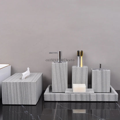 Nordic natural grey marble bathroom accessories Soap dispenser cotton swab jar tissue box soap dish tray bathroom decoration