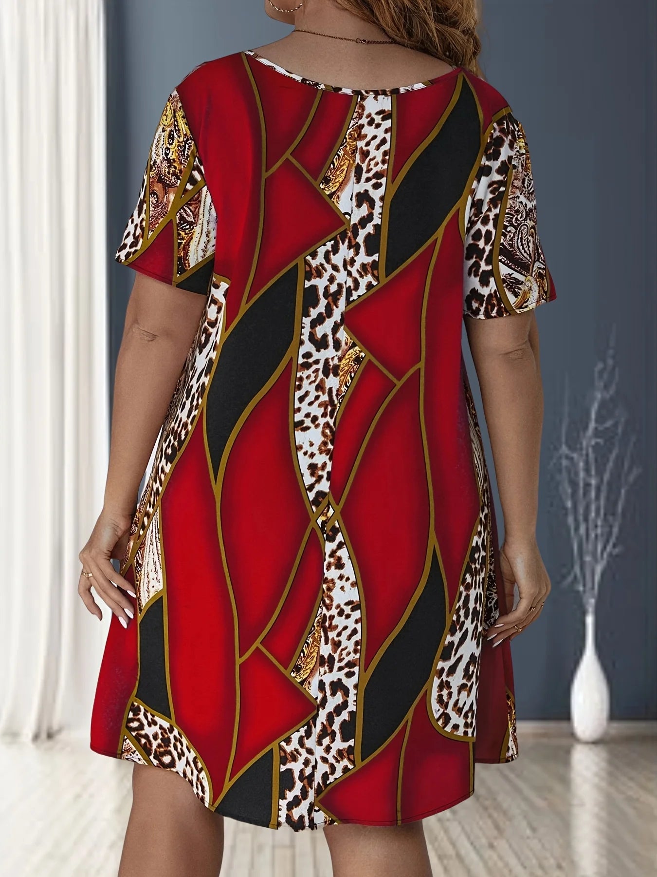 Plus Size Leopard Print Loose Dress, Casual Short Sleeve Dress For Spring &amp; Summer, Women's Plus Size Clothing
