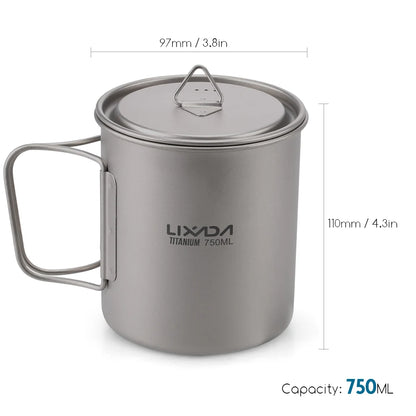 Taza de agua ultraligera de titanio Lixada con asa plegable, portátil para exteriores, camping, picnic, 300 ml/350 ml/550 ml/650 ml