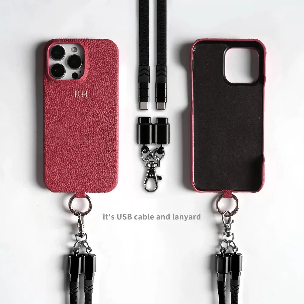 Funda de piel auténtica personalizable con cordón de carga para iPhone 16 Pro Max, 15, 14, 13, 12 y 11, con funda magnética.
