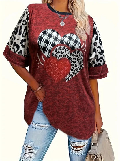 Camiseta con estampado de corazón a cuadros para mujer, primavera y verano 2024, informal, de manga corta, talla grande 
