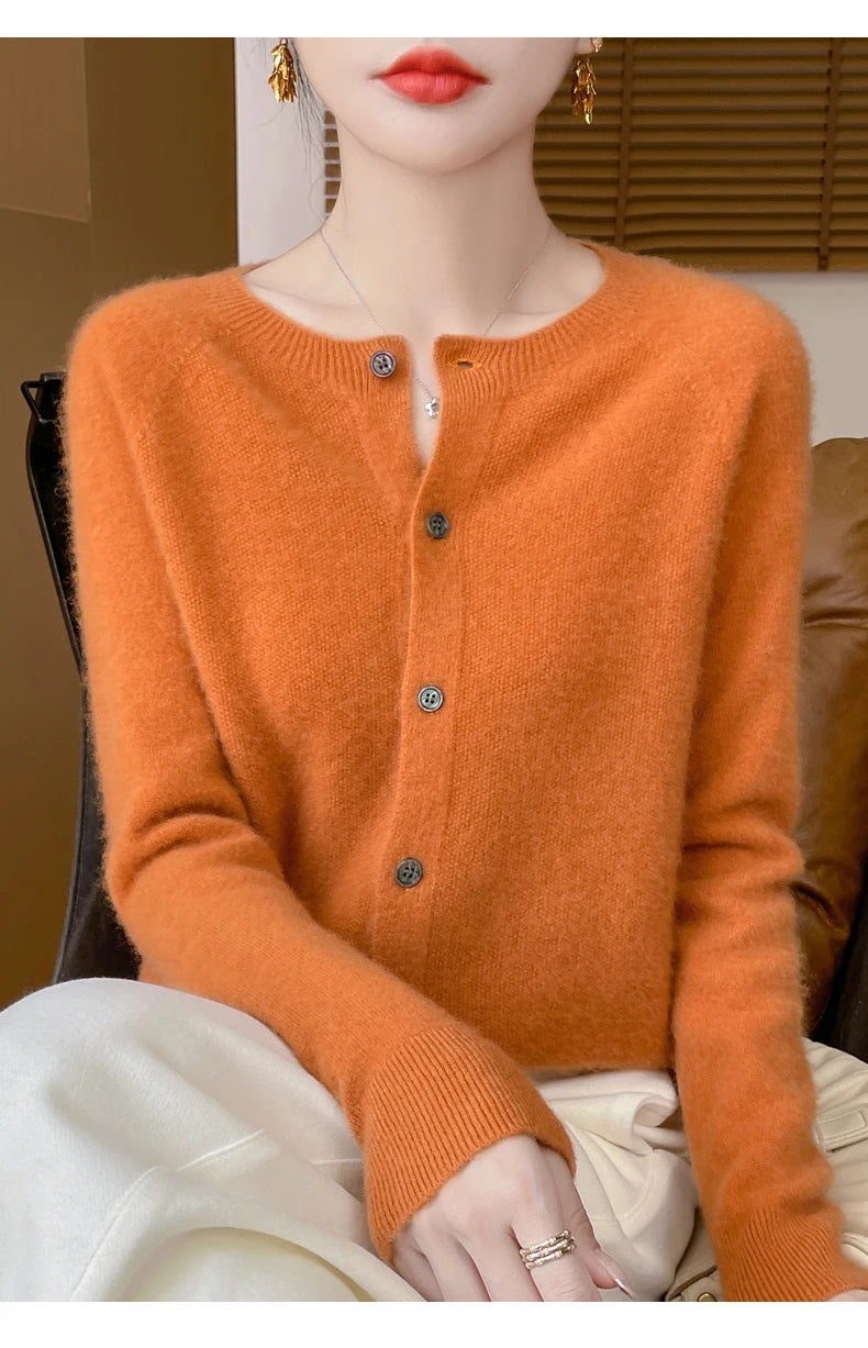 100% Merino Wool Long Sleeve Sweaters Cashmere Cardigan Spring Autumn Women O-Neck Knitwear Tops Clothing Fashion Basic Tops