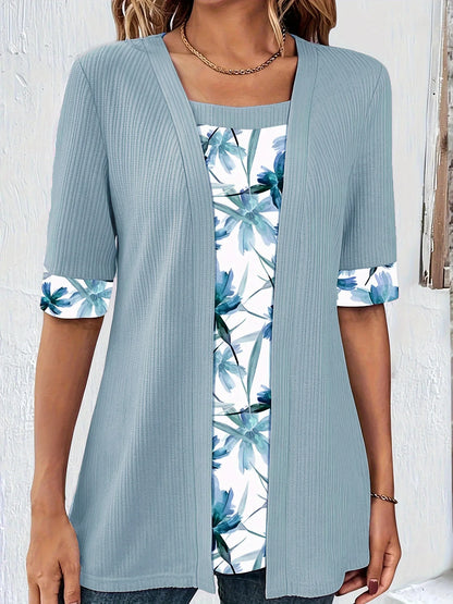 2024 plus size t camisas moda feminina elegante retalhos falso camisas de duas peças verão casual impressão meia manga senhoras soltas topos