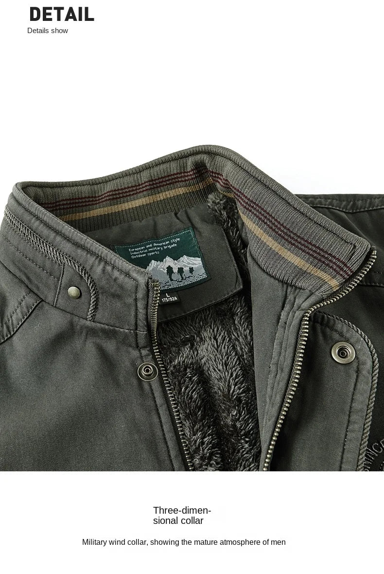 Vintage Thick Wool Parka Men's New 2024 Winter Washed Cotton Fleece-lined Warm Work Jacket Outdoor Camping Hunting Velvet Coats