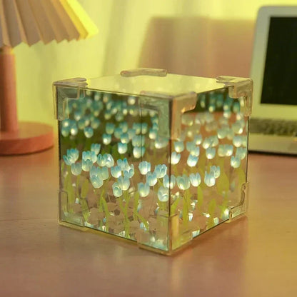 2025 DIY Tulip Sea Rubik's Cube Mirror Night Light Car Decoration Materials Handmade Birthday Gifts for Friends and Colleagues